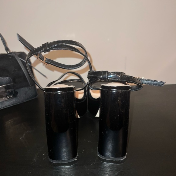 CHUNKY PLATFORM SANDAL HEELS STRAPPY ANKLE STRAP PATENT LEATHER BLACK - Picture 7 of 7